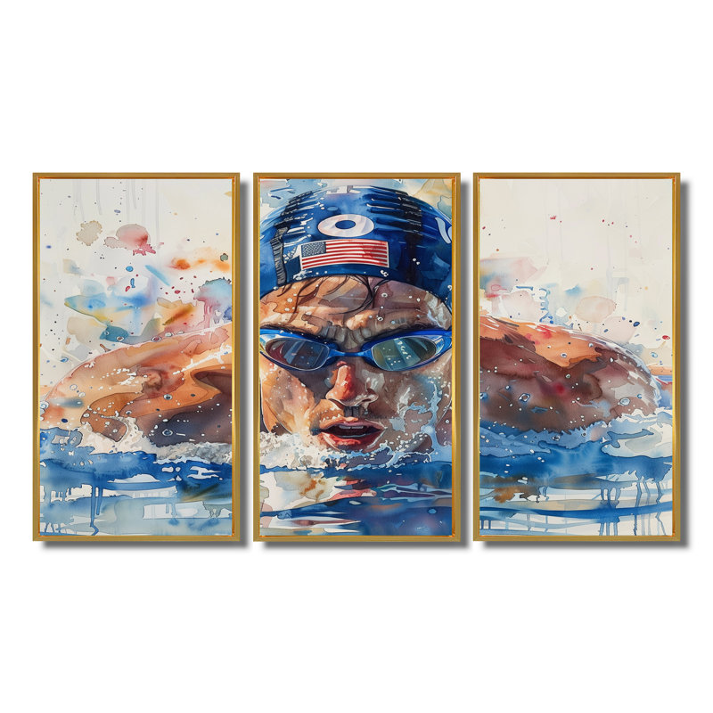 «Natation concurrence aux Jeux olympiques II», ensemble de reproductions d'art mural, Toile avec cadre flottant or