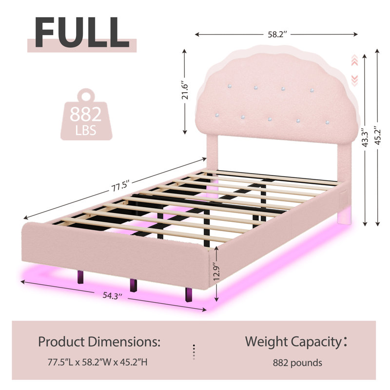 Bed With Smart RGB LED Lights, Adjustable Biscuit Headboard & Storage Space, Full, Pink
