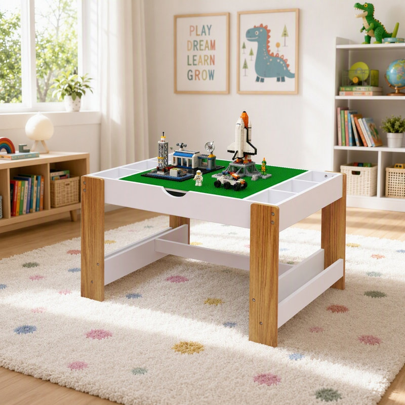 Table pour enfants, 7 compartiments de rangement, compatible avec le bloc de construction LEGO, mobilier de jeu de table d'apprentissage moderne