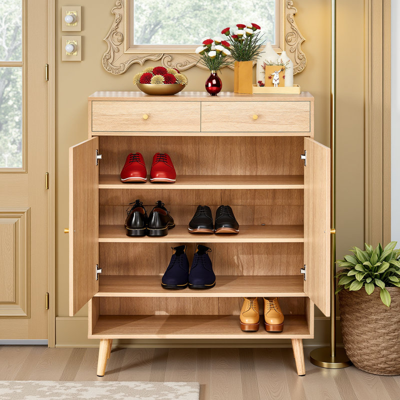 Multi-Functional Shoe Storage Cabinet with Rattan Doors and Drawers, Natural Wood