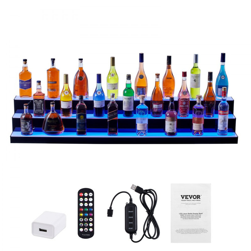 LED Lighted Liquor Bottle Display Bar Shelf RF & App Control 60" 3-Step, 10" H x 60" W x 12" D