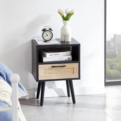 16.2" Living Room End Table With Drawer And Solid Wood Legs - Modern, Construction Black Modern Drawer, Nightstand For Bedroom, Room, 120lbs Weight-bearing