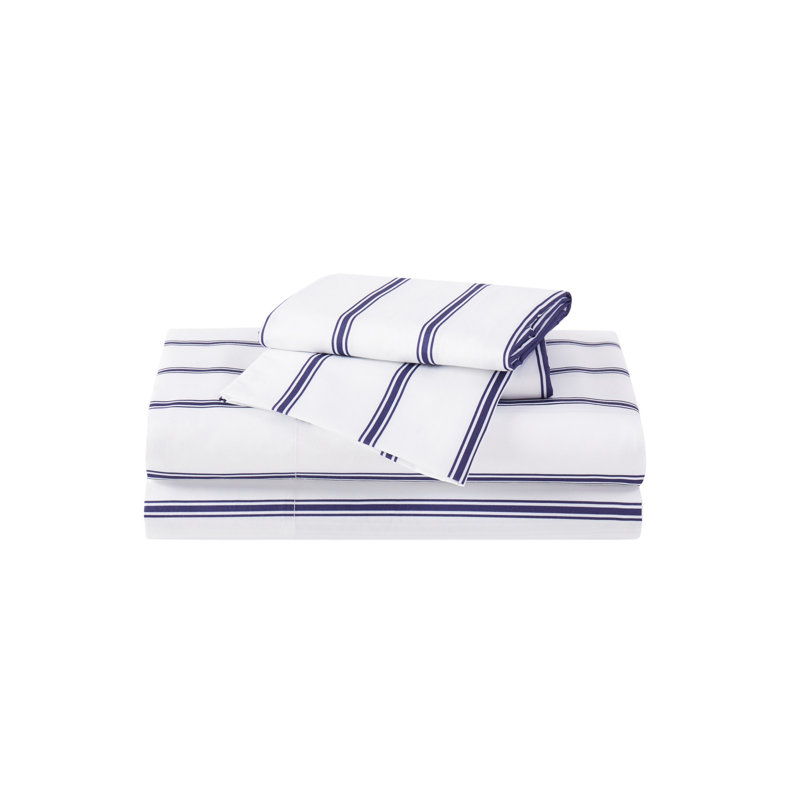 Ensemble de draps à rayures, Blanc / bleu marine, Ensemble de draps pour lit simple avec un drap-hou