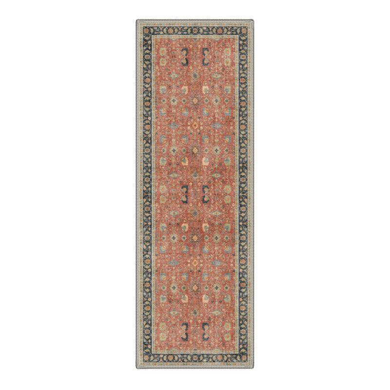 Roehit Traditional Oriental Machine Washable Red / Blue Indoor Area Rug with Non-Slip Backing, Runner 2' x 7'