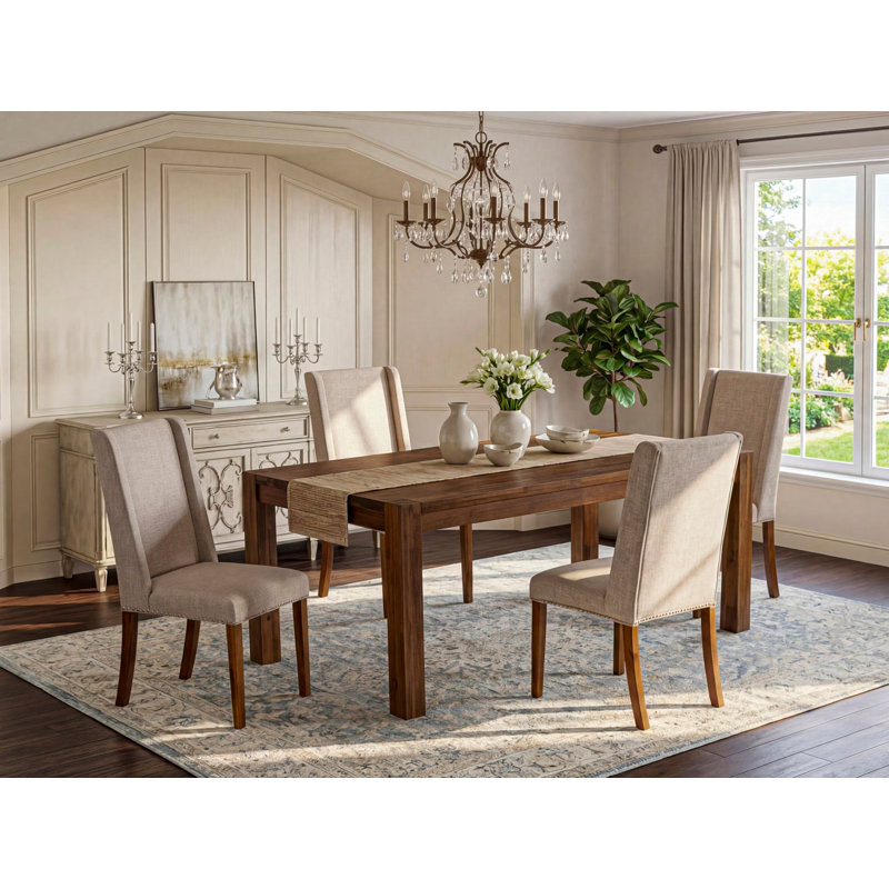 5 Piece Dinette Set for 4 Includes a Rectangle Rustic Wood Dining Table and 4 Light Tan Linen Fabric Parson Dining Room Chairs, Antique Walnut