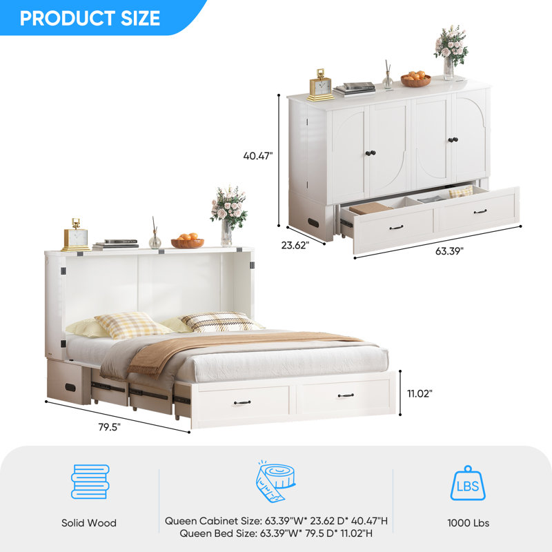 Queen Murphy Bed with USB, Storage Drawers & Folding Mattress, Yes