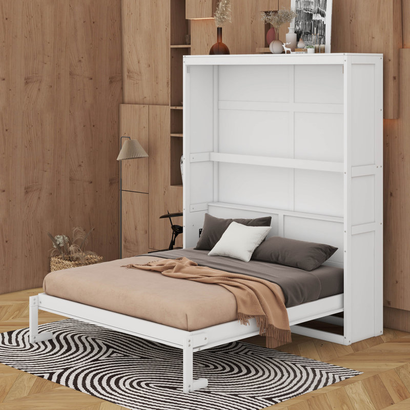 Lit escamotable mural avec tablettes Murphy, Blanc, Grand lit