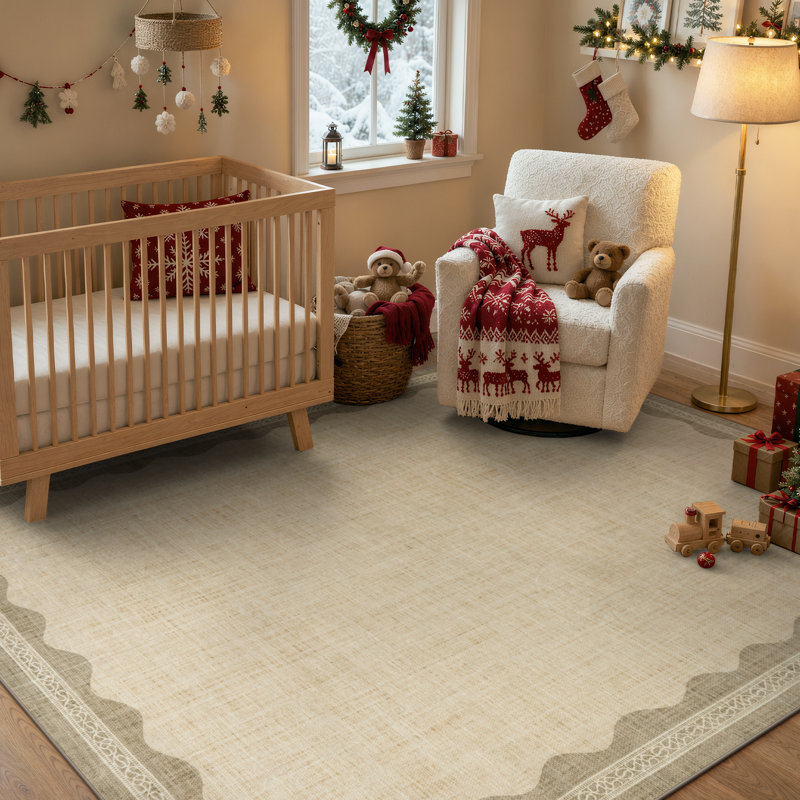 Tapis d'intérieur taupe vintage à bordure ondulée, lavable et antidérapant, idéal pour le salon, la chambre ou le bureau.