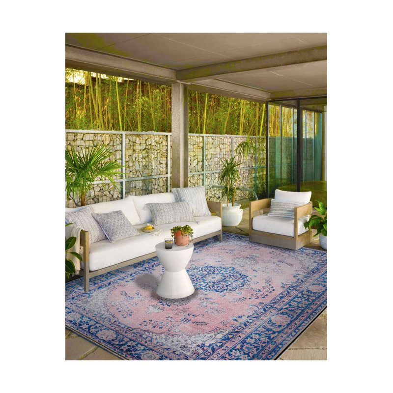 Tapis décoratif de couleur bleu lavable à thème traditionnel rose, Sous-tapis rectangulaire 3 pi 11 po x 5 pi 11 po i