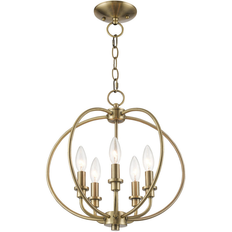 Lustre en forme de globe à 5 lumières de style bougie Remer, Laiton antique