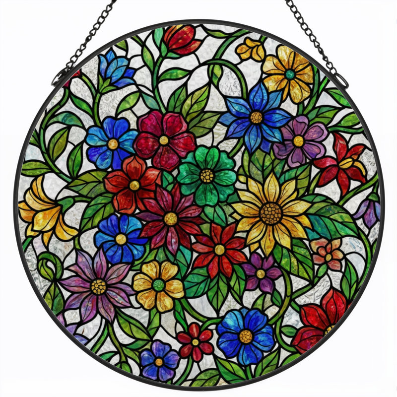 7.8"H Floral Pattern Stained Glass Window Panel