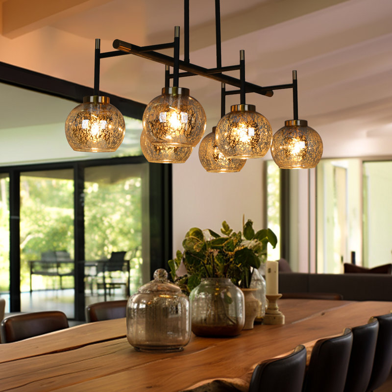 Luminaire suspendu linéaire à 6 lumières pour îlot de cuisine avec verre mercure Cicel, Noir / Laiton