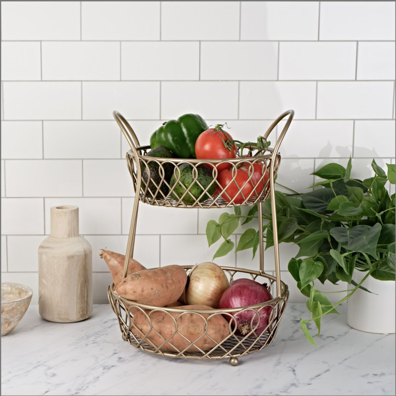 Gourmet Basics by Mikasa Loop and Lattice Metal 2-Tier Round Fruit Storage Basket, Matte Gold