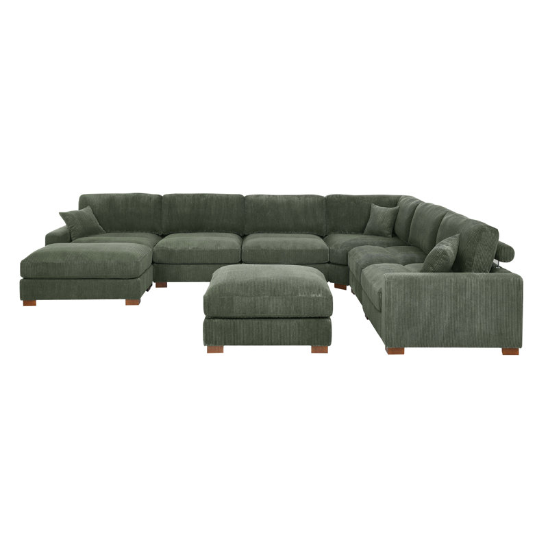 7-Pieces Modular Sofa Bed, 34.00" H x 159.50" W x 123.50" D, Green Corduroy