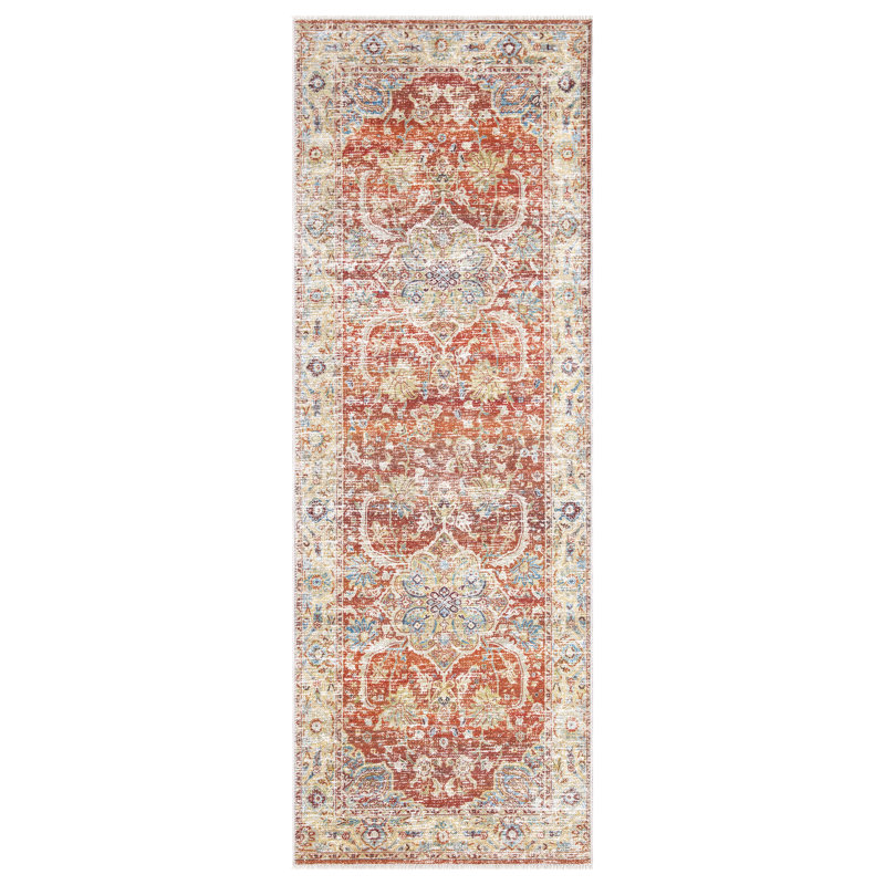Washable Non-Slip 12 ft Runner - Orange / Olive Beige Traditional Oriental Runner, Runner 2'6" x 12'