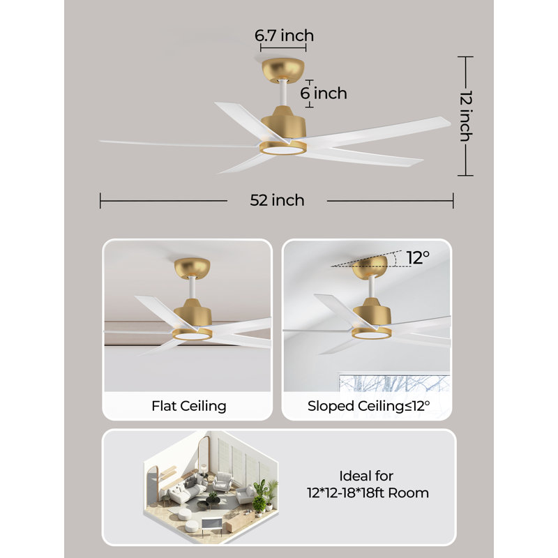 Ventilateur de plafond 52 "avec lumières DEL blanches et dorées Émileo, Blanc / Doré