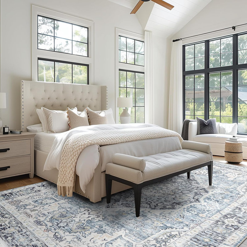 9' x 12' Vintage Boho Washable Area Rug – Ultra-Soft Low Pile, Non-Slip, Light Blue