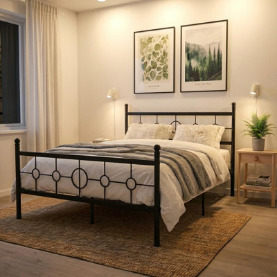 King Size Bedroom Metal Bed Frame with Vintage Circular Headboard and Footboard Heavy-Duty Iron Platform Bed No Box Spring Needed Noise-Free Design Easy Assembly Black