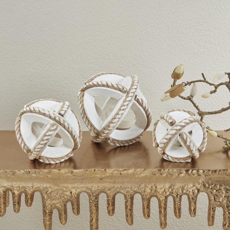 Natural Wooden Rope Decorative Orb, White, 6" H x 6" W x 6" D