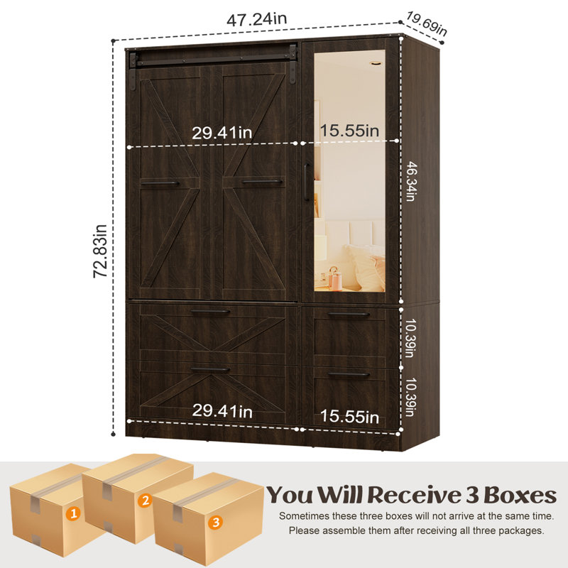 Armoire penderie avec porte de grange coulissante pliante et lumières à capteur