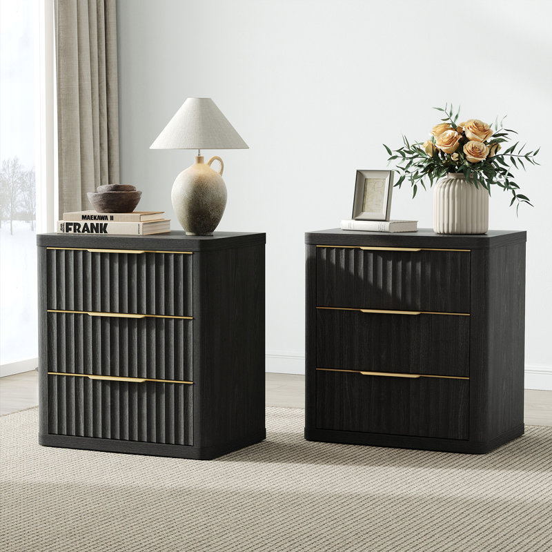 Cesiro 3-Drawer Nightstand with Metal Glides, Set of 2, Dark Gray Alder