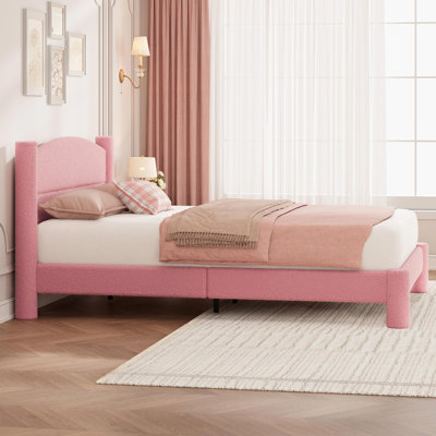 Cloud Boucle Upholstered Platform Bed Frame with Round Headboard - Cylindrical Legs - Heavy-Duty Noise-Free Wood Slats, No Box Spring Needed - Queen, Pink