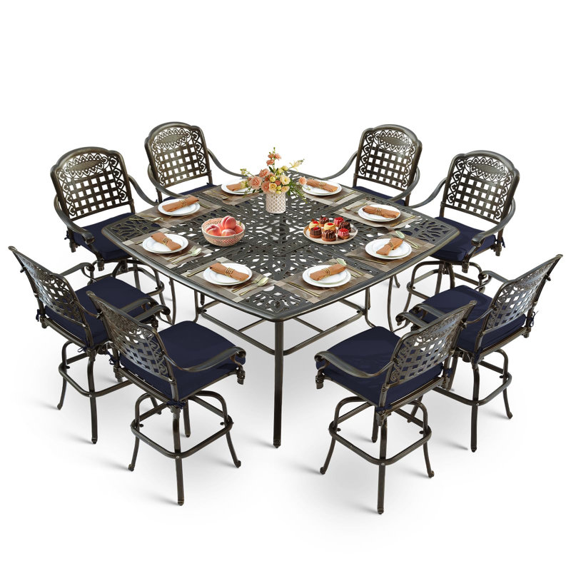 9-Piece Outdoor High Patio Dining Set, Free-Rust Cast Aluminum Patio Bar Table And Chairs Set With 8 Swivel Bar Stools & 63.98" Bar Height Dining Table, Umbrella Hole For Backyard, Lawn, Garden