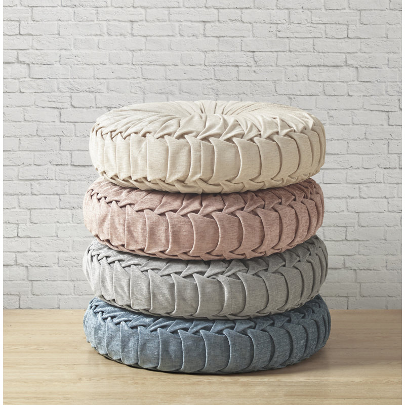 Gray Poly Chenille Round Floor Pillow with Tufted Button