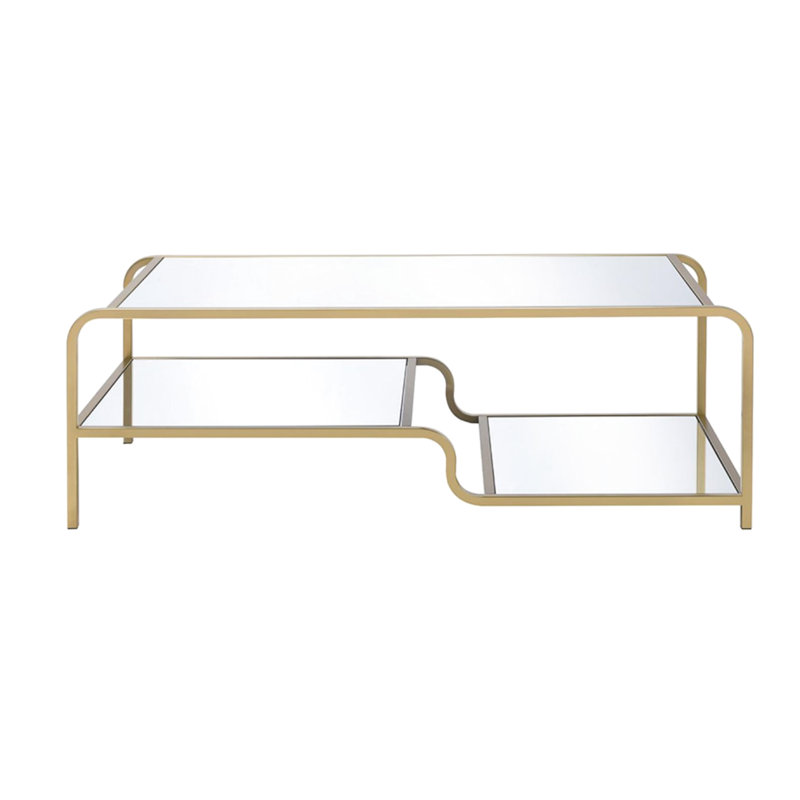 Table basse dorée - tablettes en miroir, présentoirs avec cadre supérieur en métal doré, robuste