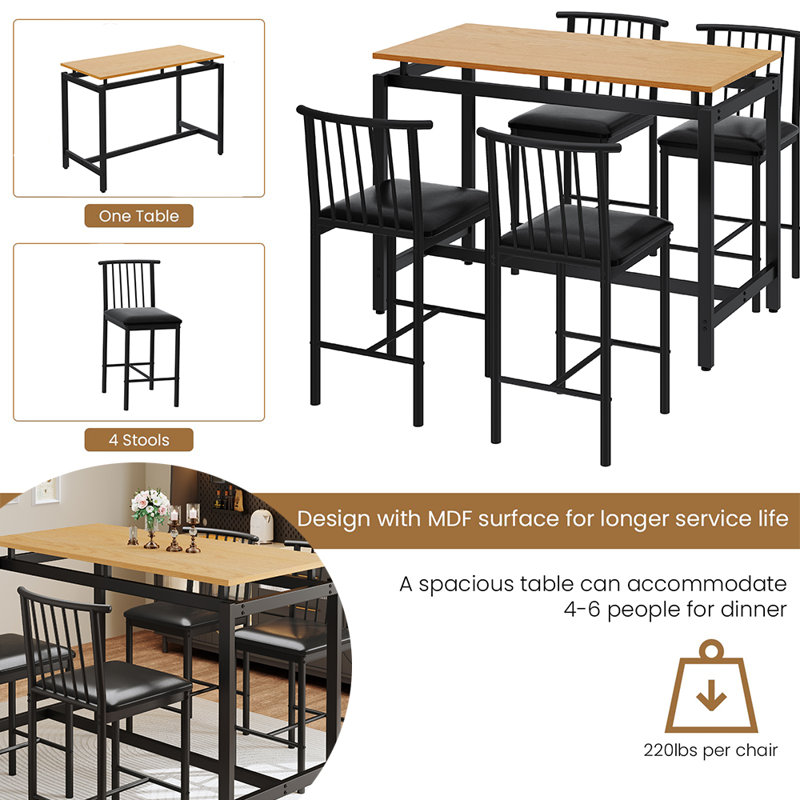 5 Pieces Dining Set, Industrial Counter Height Pub Bar Table Set, PU Stools With Backrest