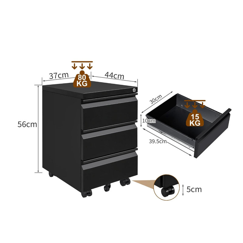 37 cm W 3 -Drawer Wheels / Casters included Mobile Steel Filing Cabinet, Black