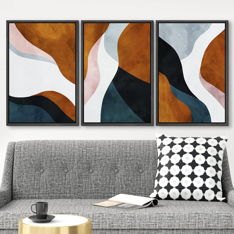 «Mid Century Shape», impression géométrique sur toile abstraite encadrée brune et bleue 3 pièces, H 36 po x l 72 po, Black