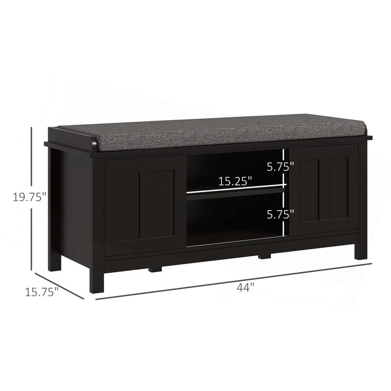Repose-pieds de rangement pour hall d'entrée avec portes coulissantes, tablettes réglables et siège rembourré, Noir