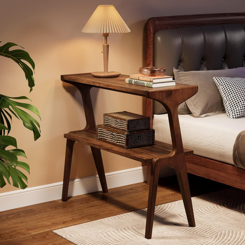 2-Tier End Table, Slim Sofa Side Table with Storage Shelf, Dark Brown