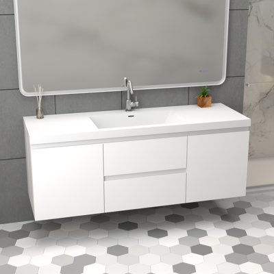 Meuble-lavabo mural de 60 po avec lavabo blanc en pierre d'ingénierie en résine, 2 portes avec charnières à fermeture en douceur à 90 °, 2 tiroirs avec glissières à fermeture en douceur dissimulées, finition blanc brillant, sans robinet ni drain
