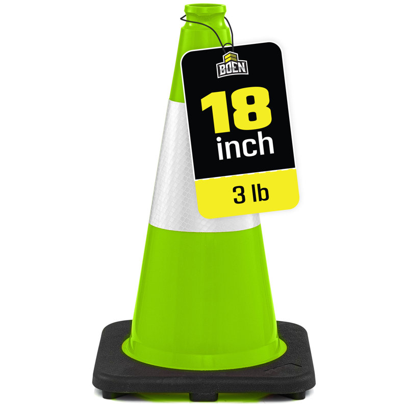 Cônes de signalisation Boen 45,7 cm (18 po), vert lime, paquet de 3, cônes de sécurité haute visibilité avec collerette réfléchissante et base robuste pour le stationnement, les événements et la signalisation routière