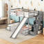 Lit simple superposé au dessus d'un lit double avec glissade, bois de pin, couleur grise, escalier de rangement, garde-corps, sensation de chambre à coucher en bois massif, raffinement