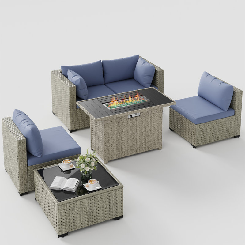 Ensemble de conversation pour patio 5 pièces en rotin avec foyer, Bleu brume