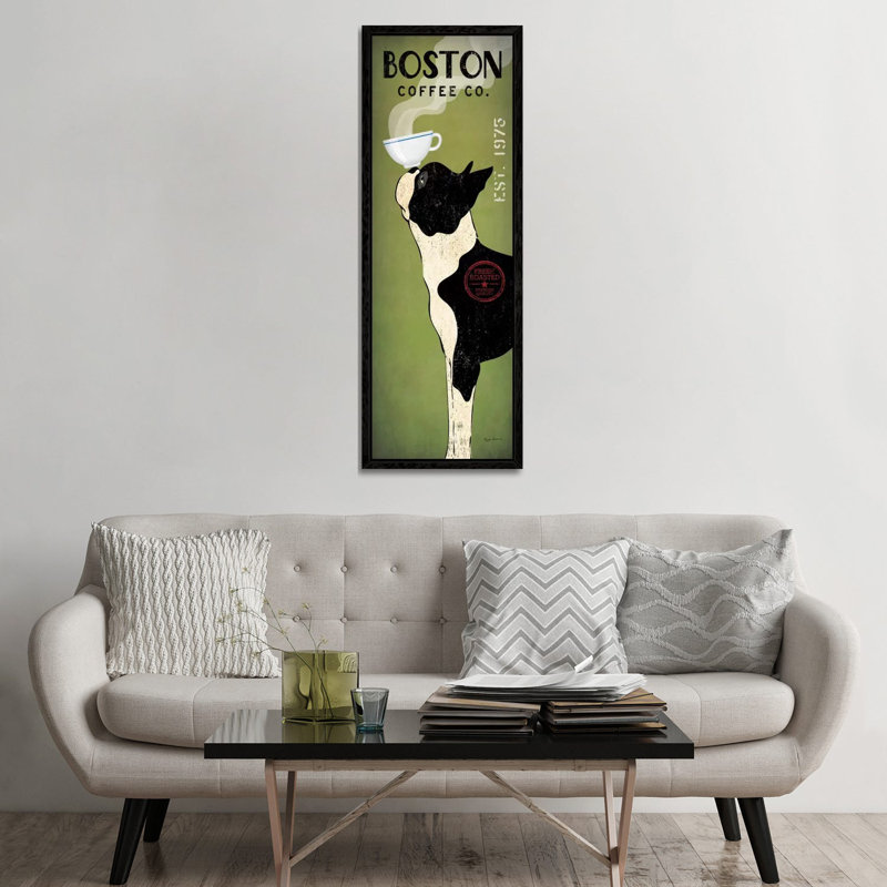 Boston Terrier Coffee Co. by Ryan Fowler - Wrapped Canvas Panoramic Print, 30.48 cm H x 91.44 cm W, Black Floater Framed