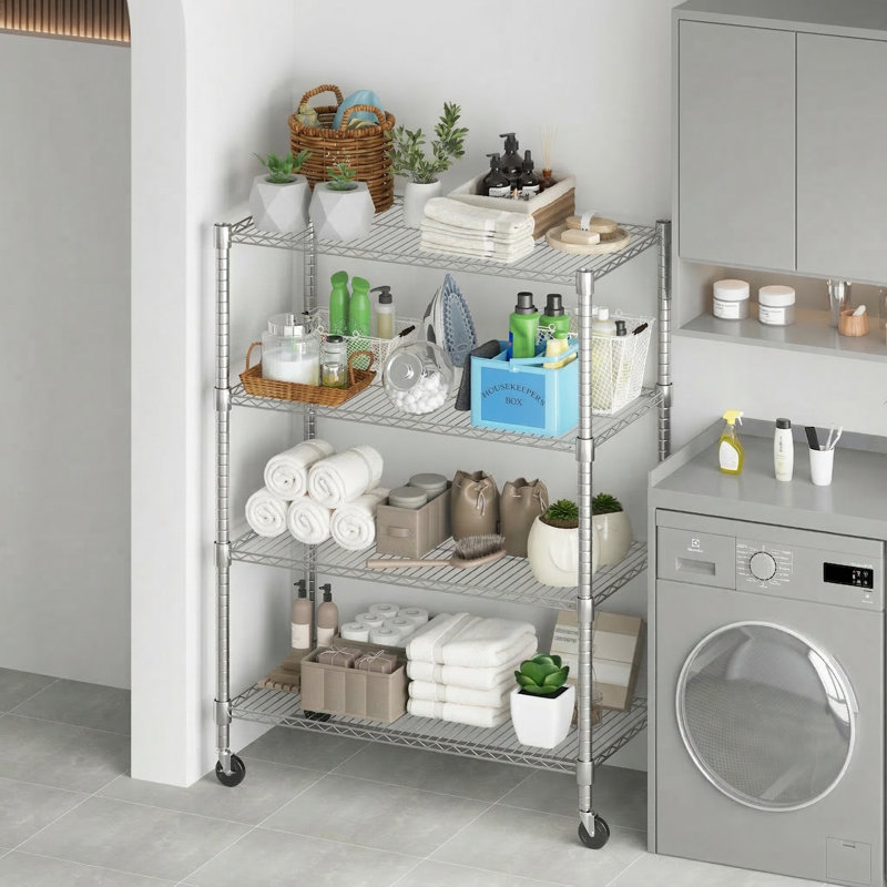 Yelena 90cm W Metal Shelving Unit with Wheels, 183cm H x 90cm W x 45cm D, Silver