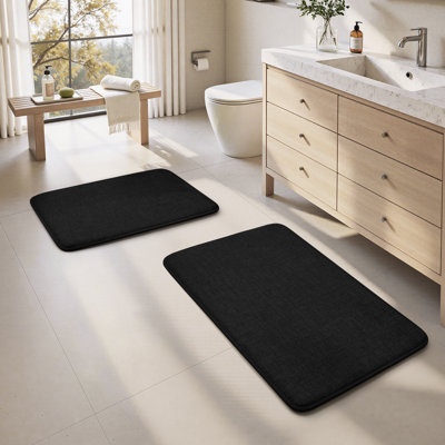 HOMEIDEAS Black Memory Foam Bathroom Rugs Set of 2, Linen-Like fabric, Absorbent and Quick Dry, 32" x 20" + 24" x 17"
