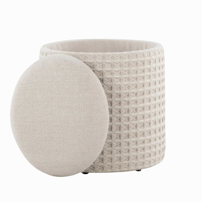 18" Storage Ottoman In Ivory Wool With 3D Woven Texture
