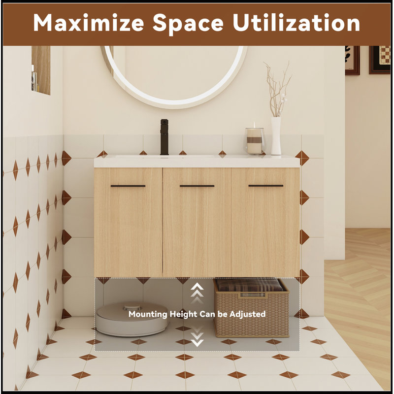 Meuble-lavabo flottant mural 36 po avec lavabo en gel, finition chêne clair, conception modulaire à 3 portes pour un rangement généreux et une esthétique moderne