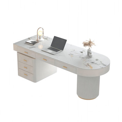 62.99"semi-circle Sintered Stone Office Desk, Modern Minimalist With Drawers