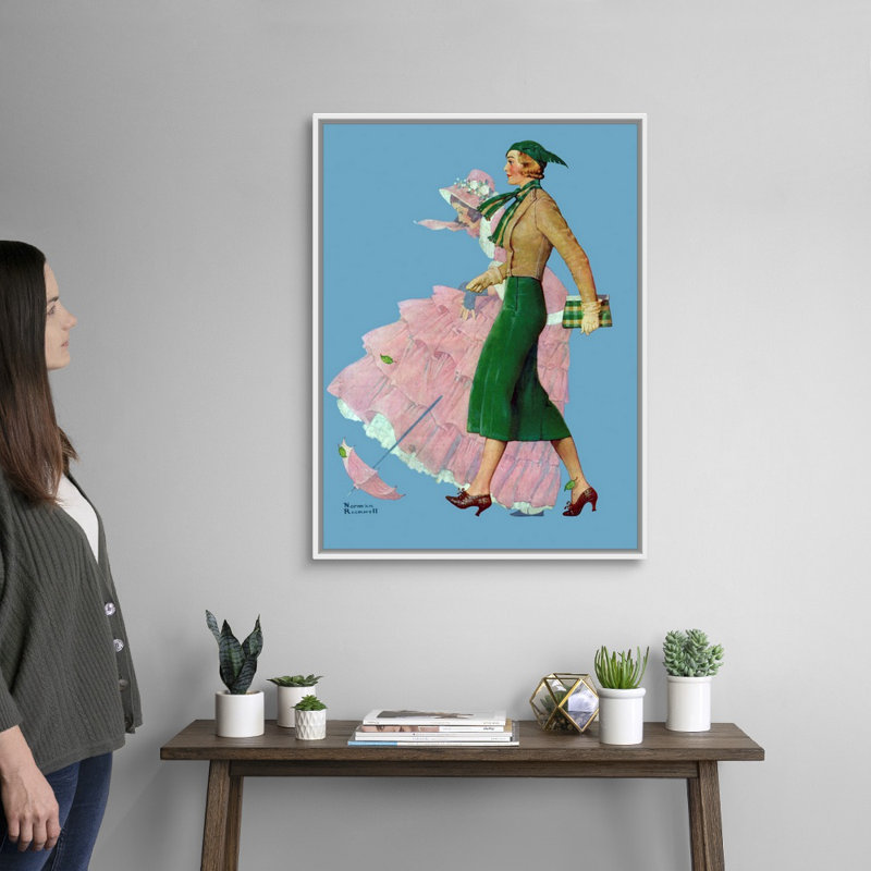 Deux femmes marchant sur toile, art mural, H 34 po x l 26 po x P 1,75 po, Cadre flottant blanc