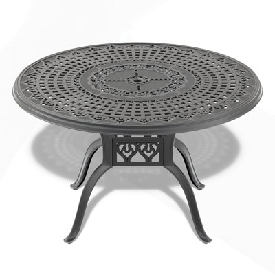 Table de salle à manger 47,24 pouces en fonte d'aluminium avec trou pour parasol, élégante et résistante aux intempéries pour une utilisation extérieure