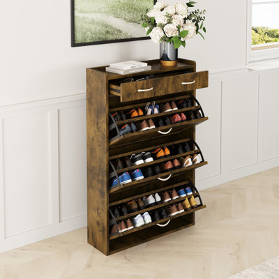Commode à chaussures noire et brune en bois massif - 31,49 po, atmosphère simple avec tiroirs 31,49 po, seau rabattable à 3 couches, rangement supplémentaire