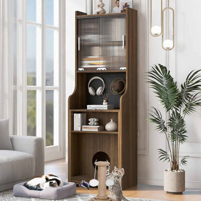 Armoire en noyer avec chat - Décoration intérieure polyvalente, espace privé, lit Mid-Century Vibe Pet Care, finition fonctionnelle et élégante