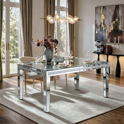 59" Wide Mirrored Glass Rectangular Dining Table Contemporary Glam Crushed Diamond Inlay