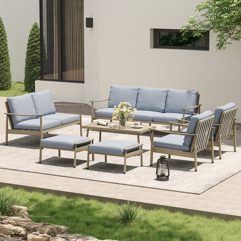 Ensemble de conversation d'extérieur pour 7 personnes avec coussins Mariène, Bleu, Brun